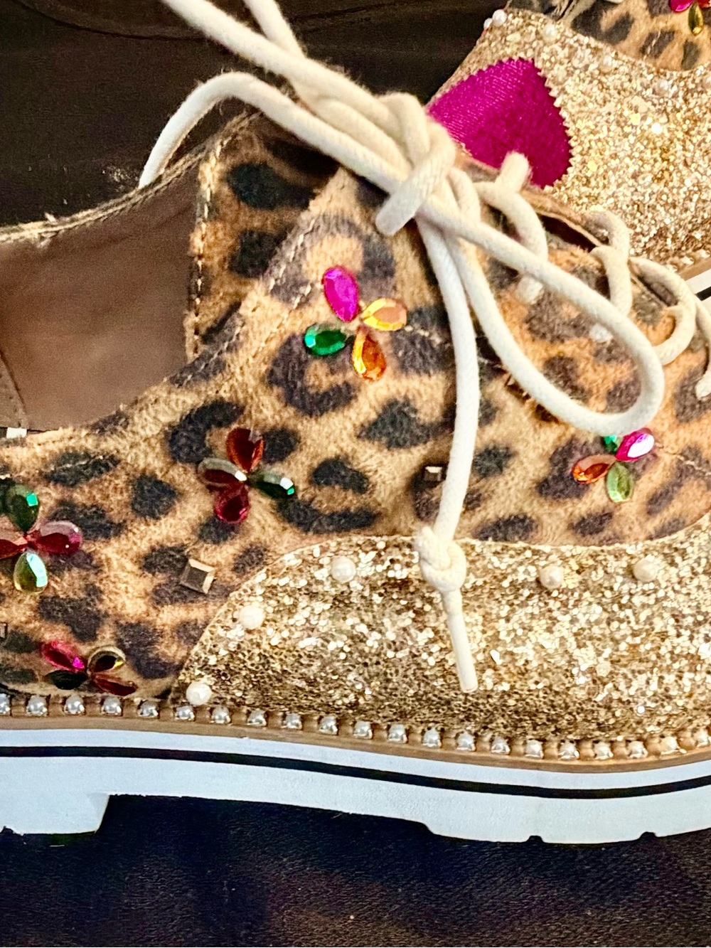 Betsey Johnson Gold Glitter Leopard Platform Sneaker with Multicolor Gem Flowers - Picture 11 of 16